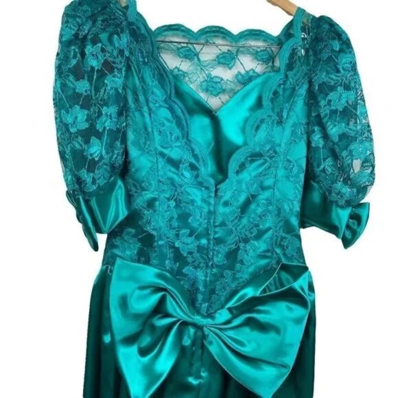 VINTAGE 80'S ILGWU UNION MADE WORKERS UNION TEAL/TURQUOISE FORMAL BOW DRESS 9 - Picture 11 of 16